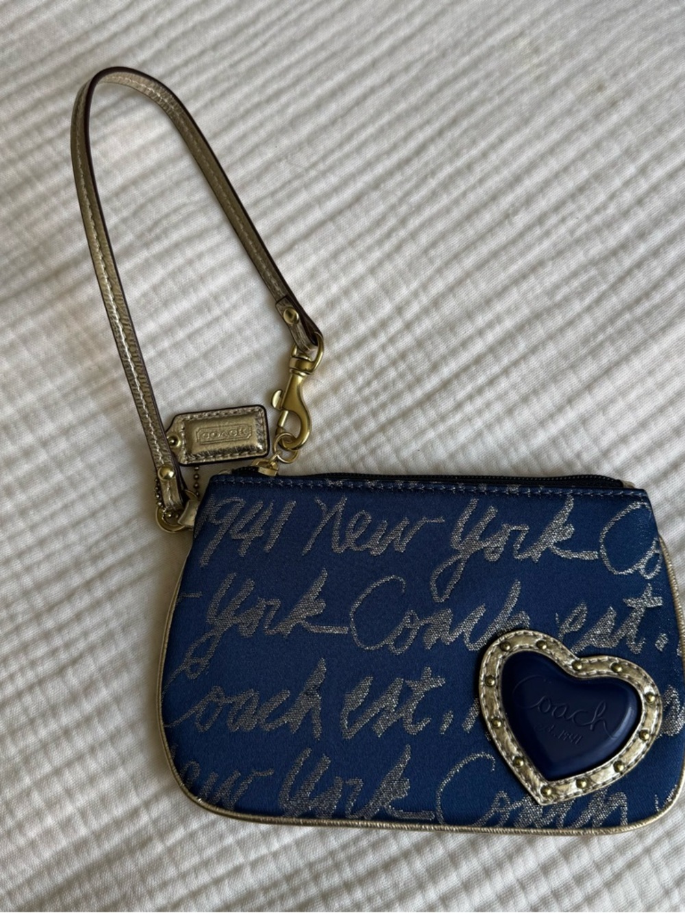 Coach Navy Wristlet with Gold Script and Heart Accent